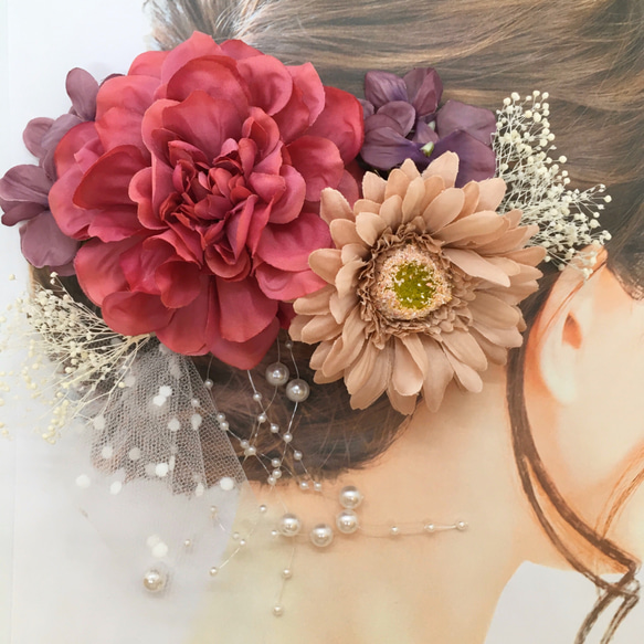送料無料【カラー変更OK】ダリア&ガーベラ　ウェディング　フラワーヘッドドレス　結婚式　成人式　卒業式　髪飾り 1枚目の画像