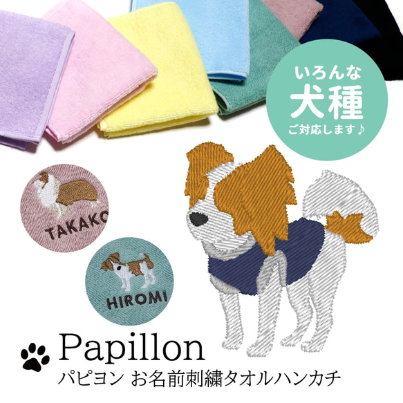 パピ+ヨン　ハンカチ　パピヨンちゃん柄 日本製 犬猫柄 パピヨン 23cm 綿100% ハンカチ タオルハンカチ