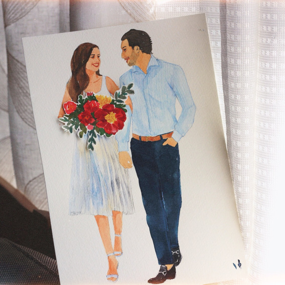 オーダーメイド新郎・新婦オリジナルイラストの結婚式招待状、返信はがき、封筒セット 2枚目の画像