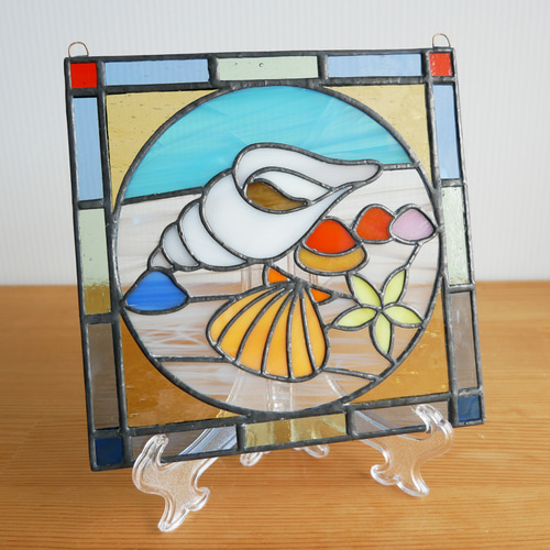 タツノオトシゴと貝殻 ヴィンテージ ステンドグラス 青 グラス