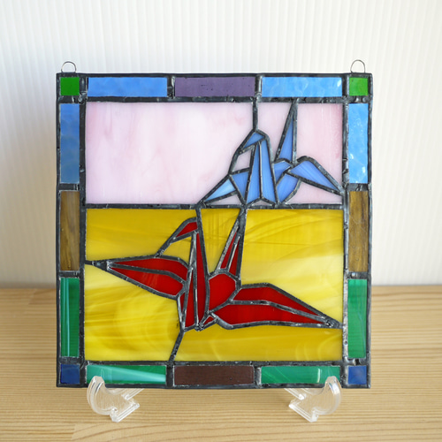 ステンドグラス ミニパネル 折り鶴 15cm その他インテリア雑貨