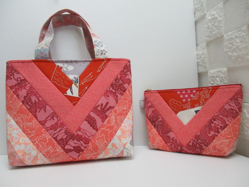 【No.1064】着物地・絹・和柄@小さ目トートバッグ＆ポーチのセット⭐クリックポスト送料無料⭐