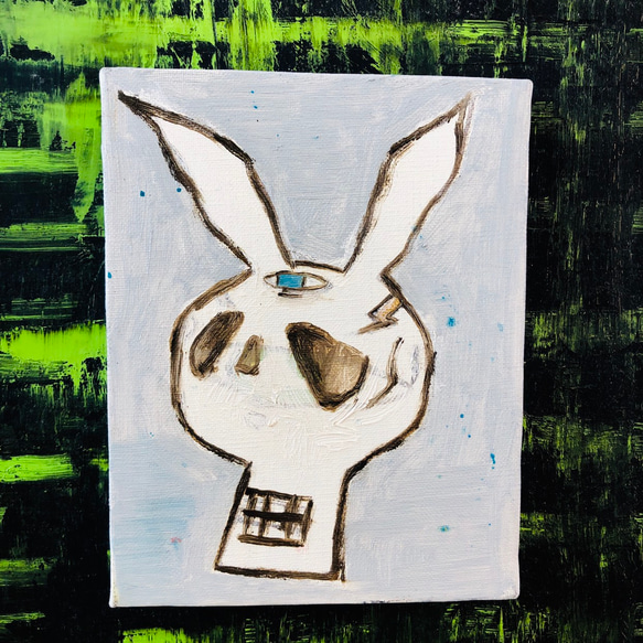 81 ☆SALE Untitled(skull with rabbit ears on black and green) 3枚目の画像