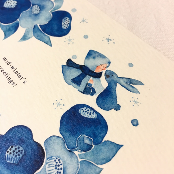 【No.027】寒中見舞いポストカード 3枚セット（椿と雪うさぎ） 2枚目の画像