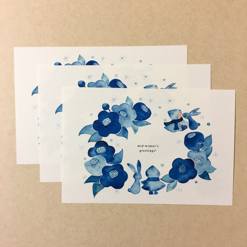 No.027】寒中見舞いポストカード 3枚セット（椿と雪うさぎ） ポスト