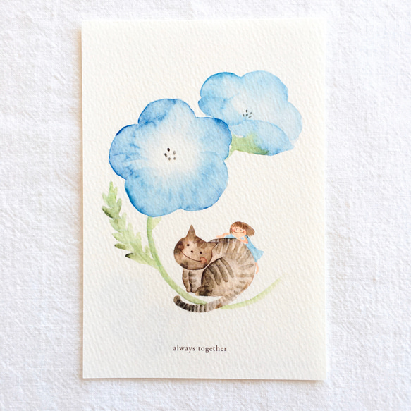 No.034】ポストカード 3枚セット（いつでもいっしょ〜ネモフィラとネコ  