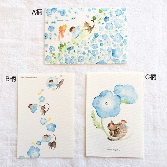 【No.035】ポストカード3枚セット（ネモフィラとネコちゃんとシリーズ） 2枚目の画像