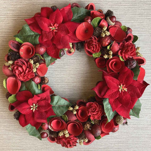 クリスマスリース★赤いポインセチアのリース★木の実 新作【クリスマス】木の実とポインセチアのクリスマスリース 32cm
