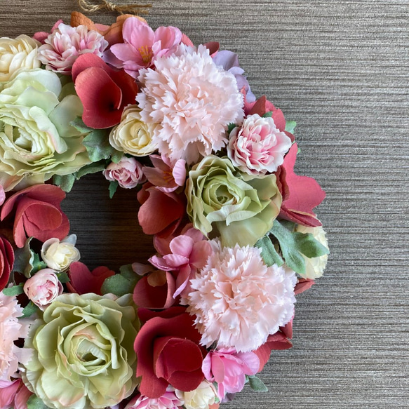 一点物【ひな祭りにも】お花たっぷりの桃色スプリングリース　２５cm 3枚目の画像