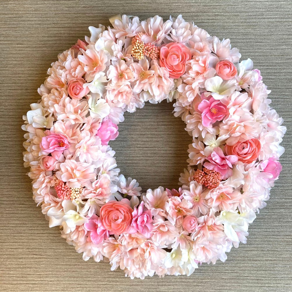 ひな祭りにも♪【春リース】お花たっぷり満開桜のスプリングリース　３２cm／受注制作 2枚目の画像