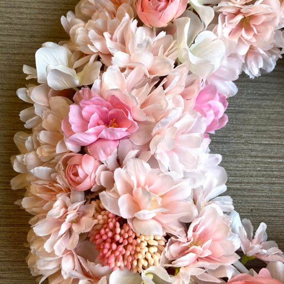ひな祭りにも♪【春リース】お花たっぷり満開桜のスプリングリース　３２cm／受注制作 4枚目の画像