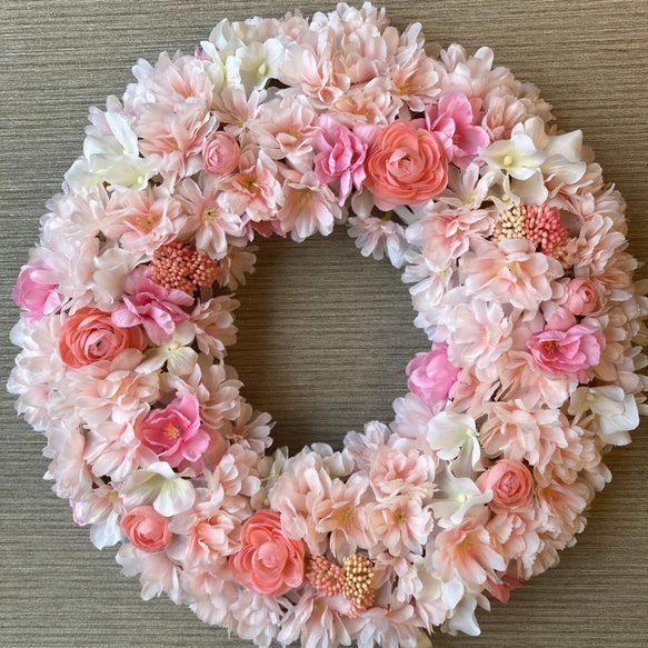 ひな祭りにも♪【春リース】お花たっぷり満開桜のスプリングリース　３２cm／受注制作 5枚目の画像