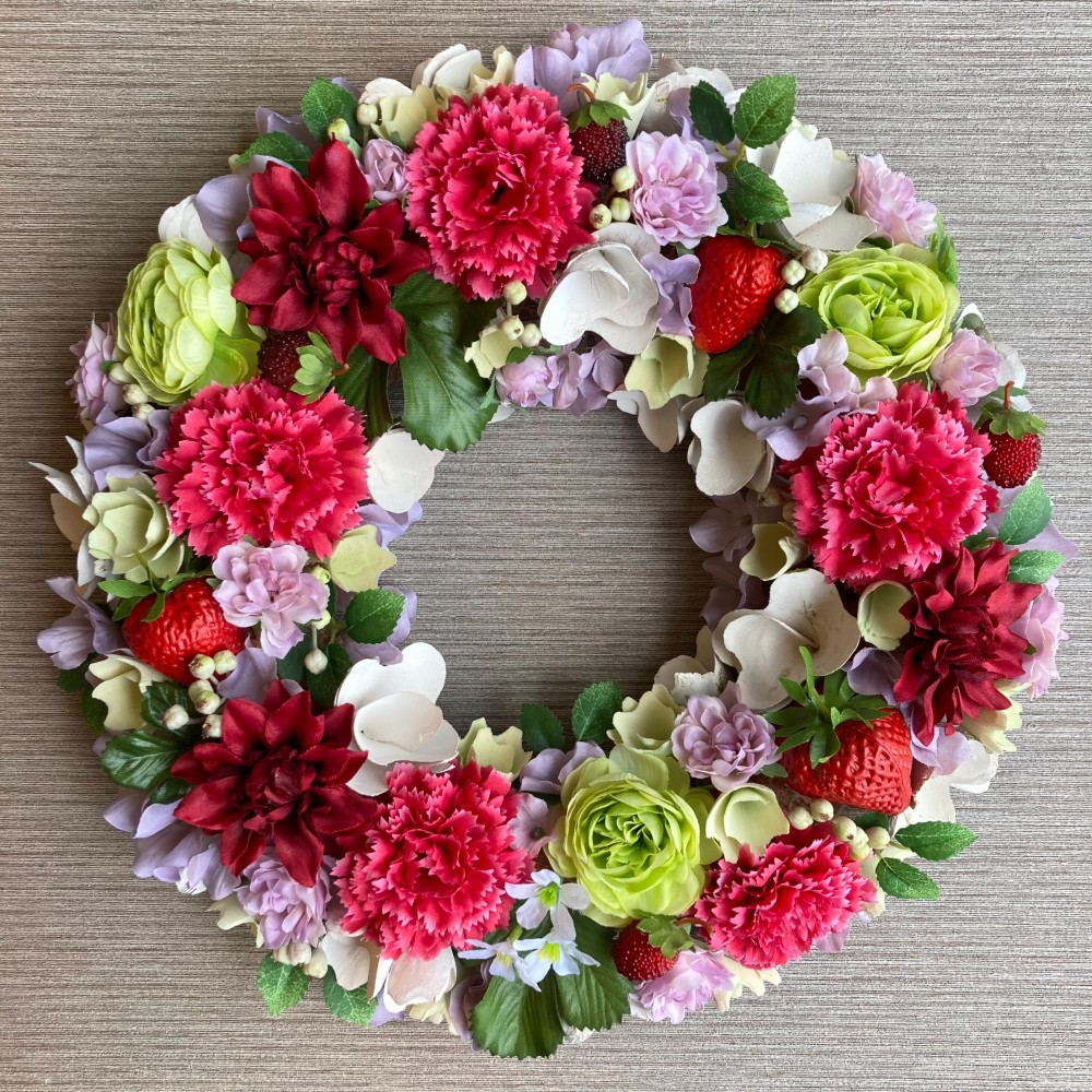【数量限定】お花たっぷりのサマーリース　イチゴ　３３cm