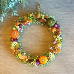 一点物【ハロウィンにも】mini pumpkin Autumn wreath 02　２４cm 1枚目の画像