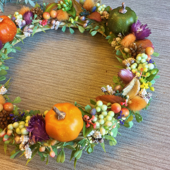 一点物【ハロウィンにも】mini pumpkin Autumn wreath 02　２４cm 3枚目の画像