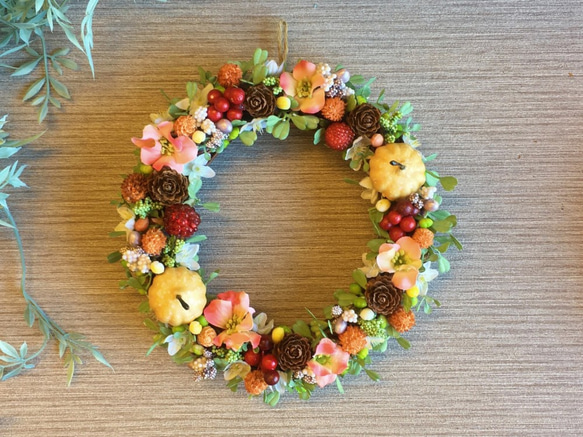 一点物【ハロウィンにも】mini pumpkin Autumn wreath　１８cm 2枚目の画像