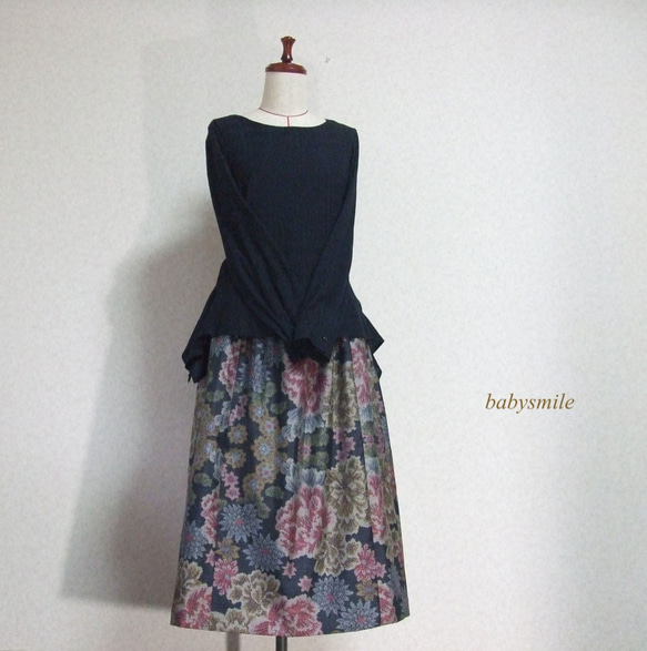 着物リメイク [babysmile] 大島紬 大きな花柄 ギャザースカート 2枚目の画像