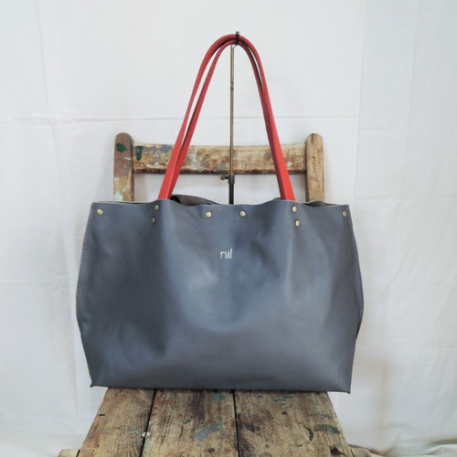 nil】神戸 変形2way 金箔押し レザー トートバッグ グレー