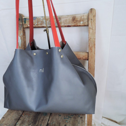 nil】神戸 変形2way 金箔押し レザー トートバッグ グレー