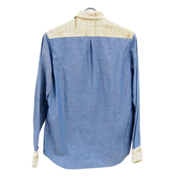 <Sサイズ>傳統工藝品有松龍捲風停止面料交換條紋布貼邊口袋襯衫米色男士通過Tsumugirabo 第3張的照片