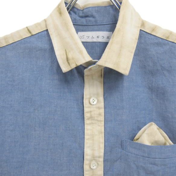 <Mサイズ>傳統工藝品有松龍捲風停止面料交換條紋布貼邊口袋襯衫米色男士通過Tsumugirabo 第2張的照片