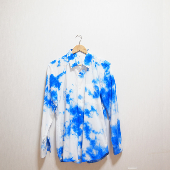 50%OFF<Lサイズ> 日本伝統工芸職人による染め オーバーサイズシャツ　名古屋黒紋付染　青むら染め 4枚目の画像