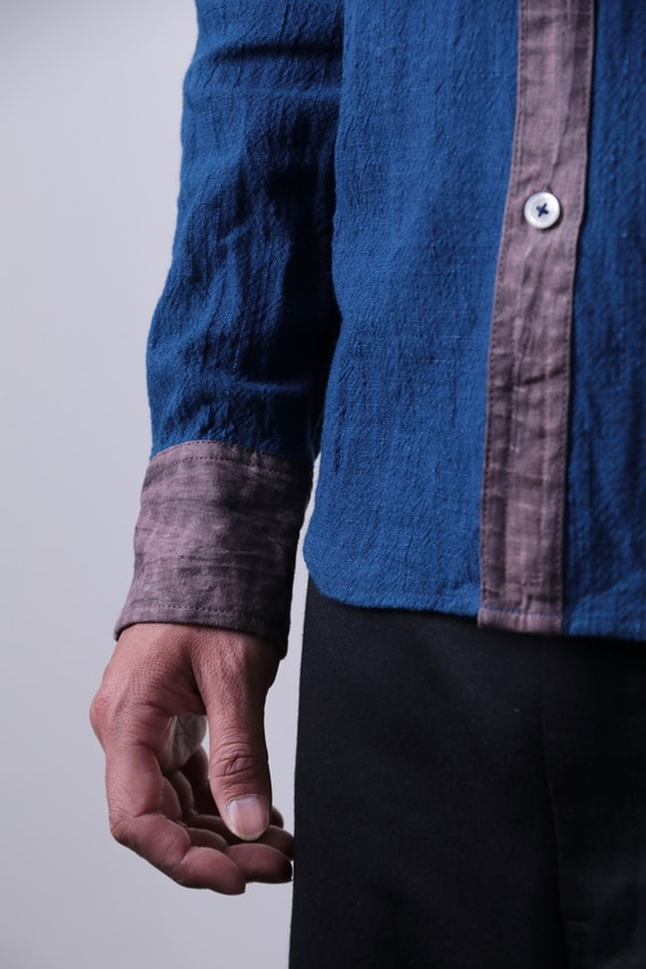 <Sサイズ>靛藍染色比比後跪×有馬吱吱響按鈕襯衫使用Zimgi實驗室大量的傳統日本織物 第8張的照片