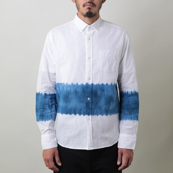 <Ｍ>逆大帽子絞り染め 知多木綿ボタンダウンシャツ 綿100% 日本製 青むら染め Shibori shirt 1枚目の画像