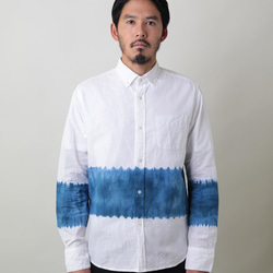 <Ｍ>逆大帽子絞り染め 知多木綿ボタンダウンシャツ 綿100% 日本製 青むら染め Shibori shirt 2枚目の画像