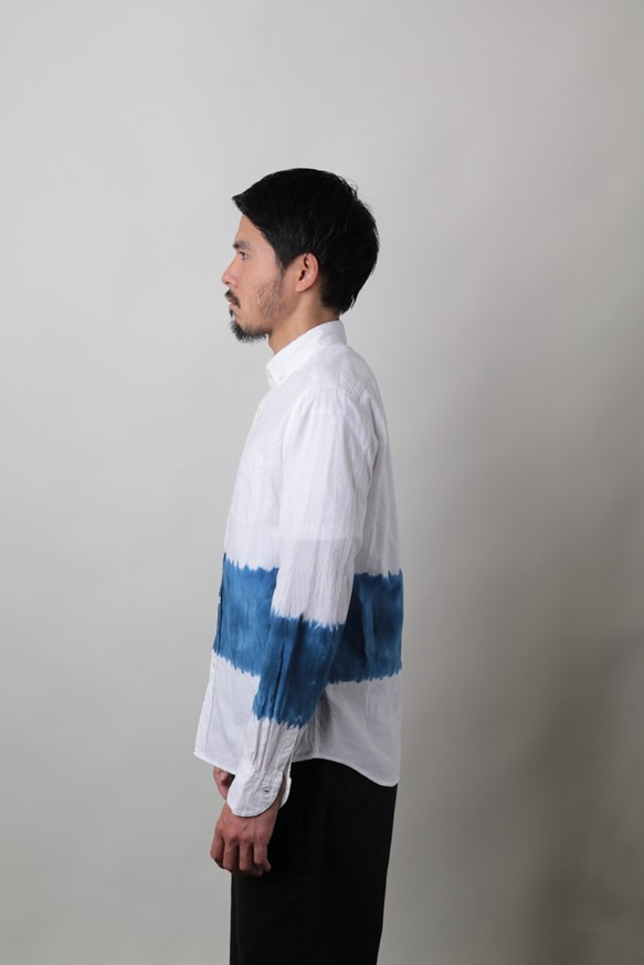 <Ｍ>逆大帽子絞り染め 知多木綿ボタンダウンシャツ 綿100% 日本製 青むら染め Shibori shirt 4枚目の画像