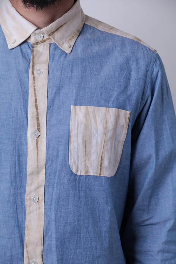 サンプル販売＜ツムギラボ＞Mサイズのみ　有松 竜巻絞り 麻×シャンブレー ボタンダウンシャツ 日本製 ベージュ 6枚目の画像