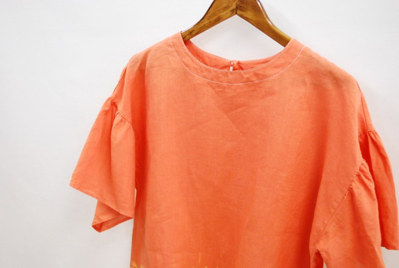 50％OFF-Dye（sen）-亞麻100％套頭衫上衣荷葉袖大帽擠壓橙色 第3張的照片