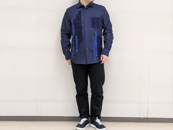9着限定＜OSOCU×HandWorks＞備後節織 パッチワークデザイン レギュラーカラー フリルシャツ 「飾」 日本製 6枚目の画像