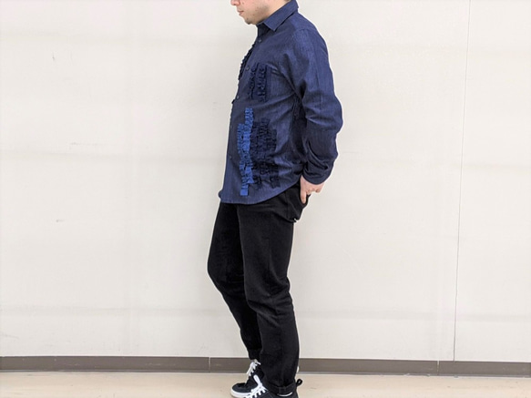 9着限定＜OSOCU×HandWorks＞備後節織 パッチワークデザイン レギュラーカラー フリルシャツ 「飾」 日本製 9枚目の画像