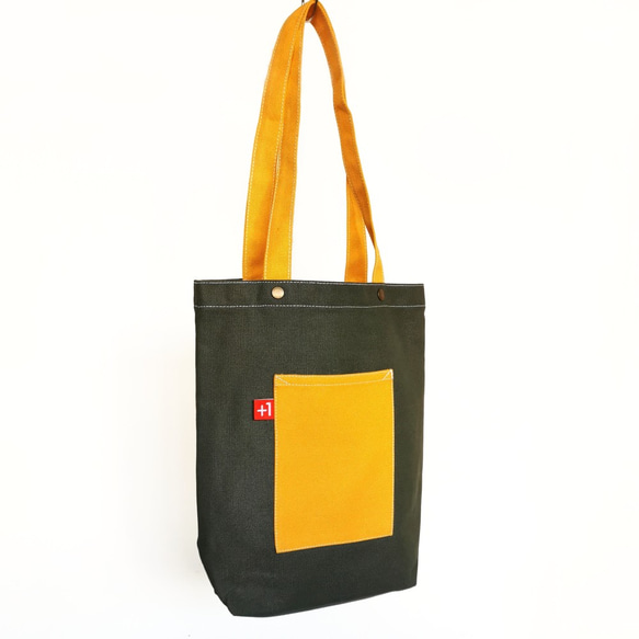 Plus 1 軍綠配橙帆布日系袋/帆布包/托特包 Canvas Tote Bag 第1張的照片