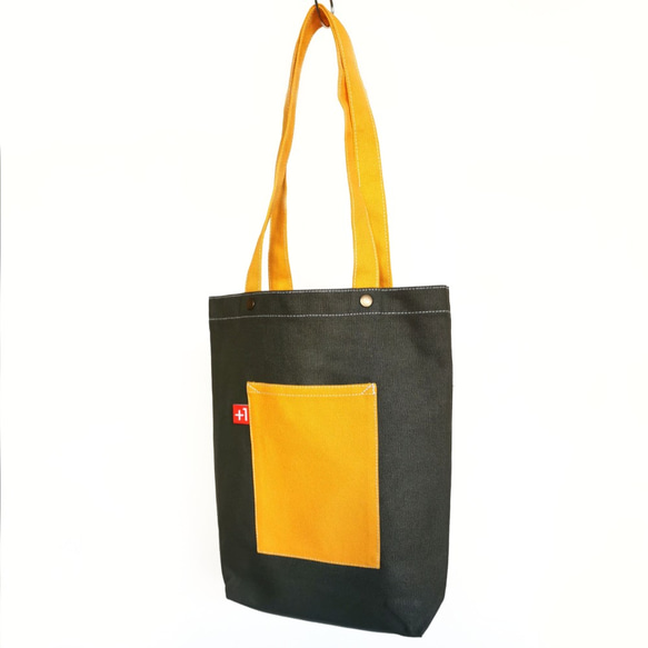 Plus 1 軍綠配橙帆布日系袋/帆布包/托特包 Canvas Tote Bag 第3張的照片