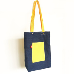 Plus 1 深藍牛仔丹寧配黃帆布日系袋/帆布包/托特包 Canvas Tote Bag 第1張的照片