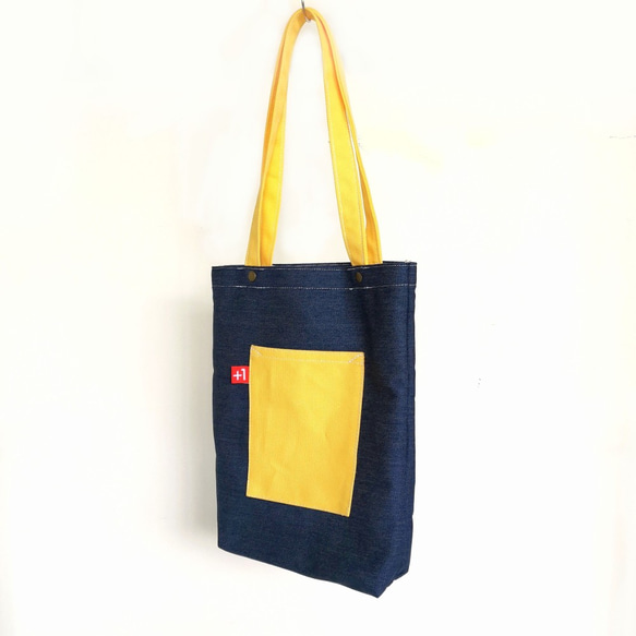 Plus 1 深藍牛仔丹寧配黃帆布日系袋/帆布包/托特包 Canvas Tote Bag 第3張的照片