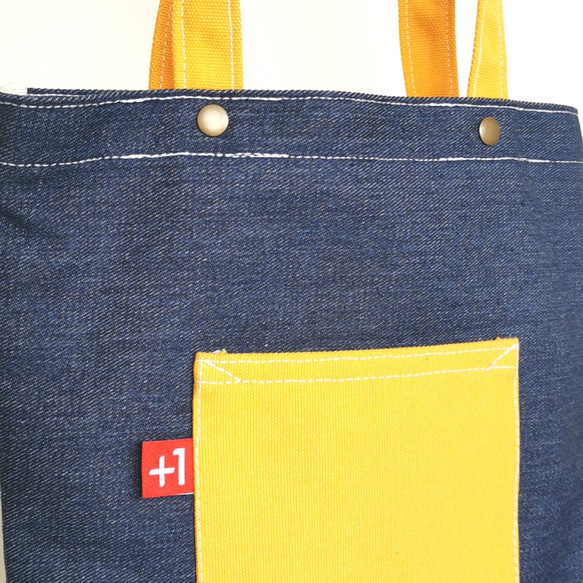 Plus 1 深藍牛仔丹寧配黃帆布日系袋/帆布包/托特包 Canvas Tote Bag 第4張的照片