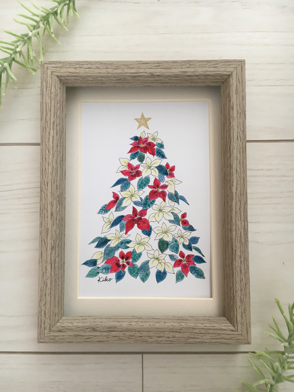 自作絵画（額入り）クリスマスver. イラスト原画【額縁付き】ポインセチアのクリスマスツリー 絵画 KIKO