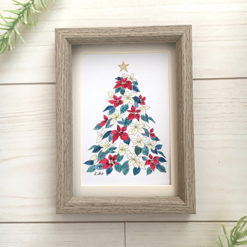 イラスト原画【額縁付き】ポインセチアのクリスマスツリー 絵画 KIKO