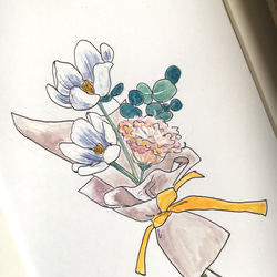 イラスト原画【額縁付き】黄色いリボンの花束 2枚目の画像