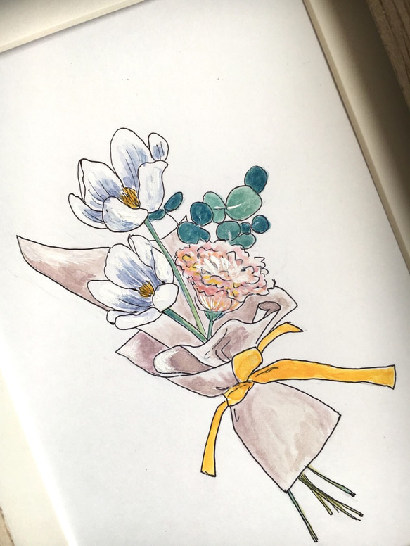 イラスト原画【額縁付き】黄色いリボンの花束 2枚目の画像