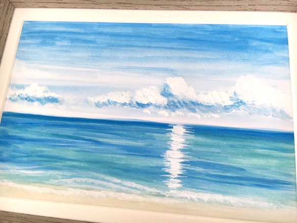 水彩原画【額縁付き】空と海 2枚目の画像