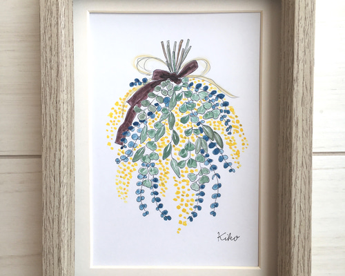 イラスト原画【額縁付き】春を告げるミモザのスワッグ 絵画 KIKO 通販