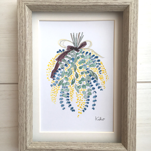 イラスト原画【額縁付き】春を告げるミモザのスワッグ 絵画 KIKO 通販