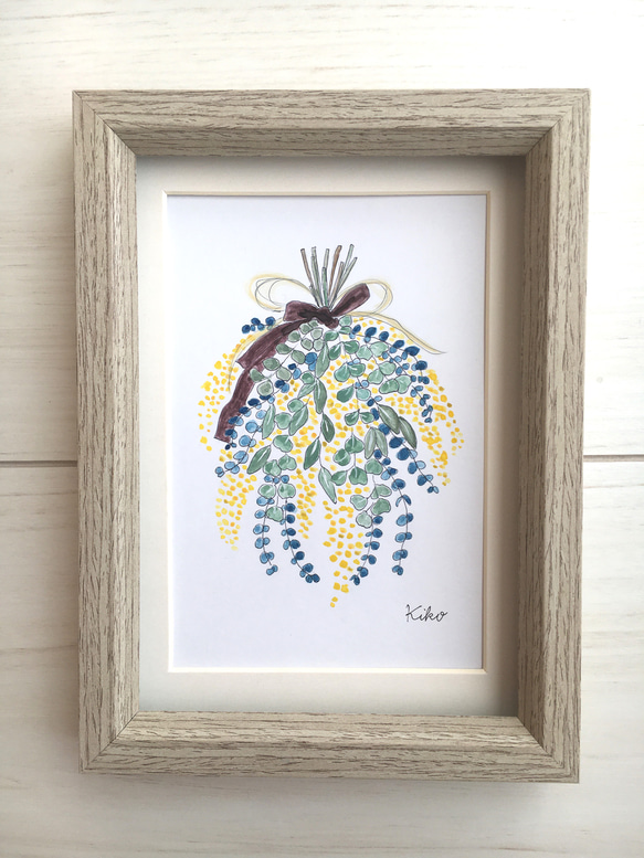 値下げ❣️春を告げるミモザのスワッグ♡♡ミニスワッグ付き✩.*˚ イラスト原画【額縁付き】春を告げるミモザのスワッグ 絵画 KIKO 通販