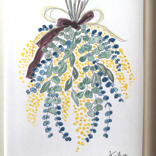 イラスト原画【額縁付き】春を告げるミモザのスワッグ 絵画 KIKO 通販