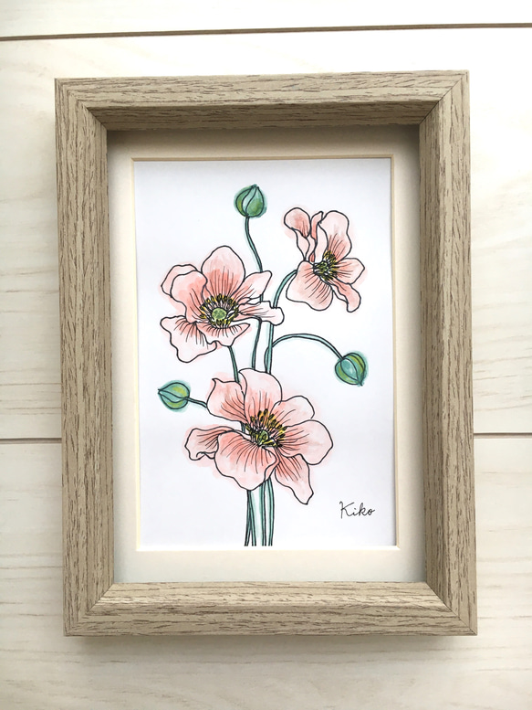 イラスト原画【額縁付き】アネモネの花と蕾 絵画 KIKO 通販