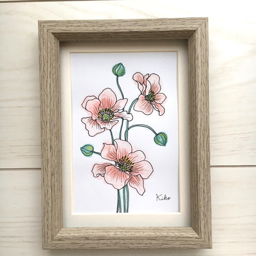 イラスト原画【額縁付き】アネモネの花と蕾 絵画 KIKO 通販